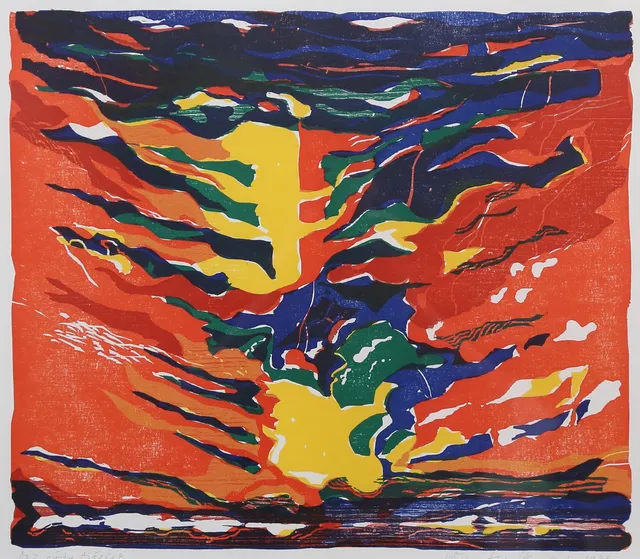 LARS STENSTAD. Färglitografi, "Det Röda Fjället", signerad.
