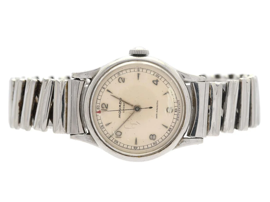 MOVADO, Sport, Anti-Magnetic "Francois Borgel Case", Cal 260, Boett nr. 278387 / 18621, herrur, 30,5 mm, stål, manuell, plexiglas, skadad urtavla, ca 1955, metallänk ej original. — Klockor/Movado — Kaplans