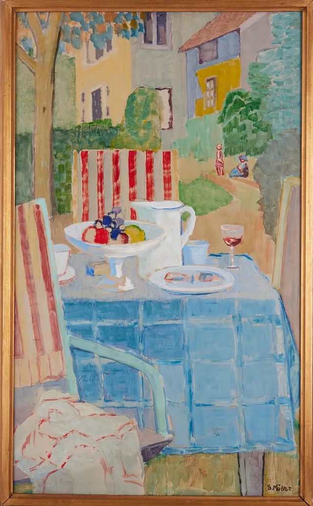 SIGURD MÖLLER. Gårdsinteriör med dukat bord, oljemålning på träpannå, signerad S. Möller.