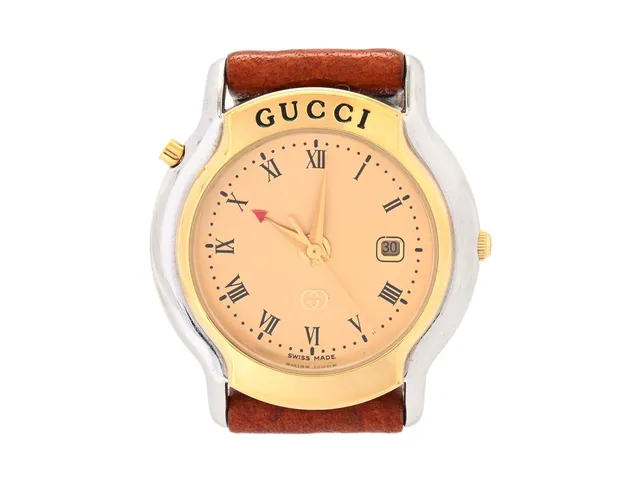 GUCCI, Mondiale, Serie nr. 016-742, Boett nr. 8200 JR, damur, 30 mm, biolour, quartz, mineralglas, datum, läderband, originalspänne i doublé, ca 1990, box, ytterkartong.
