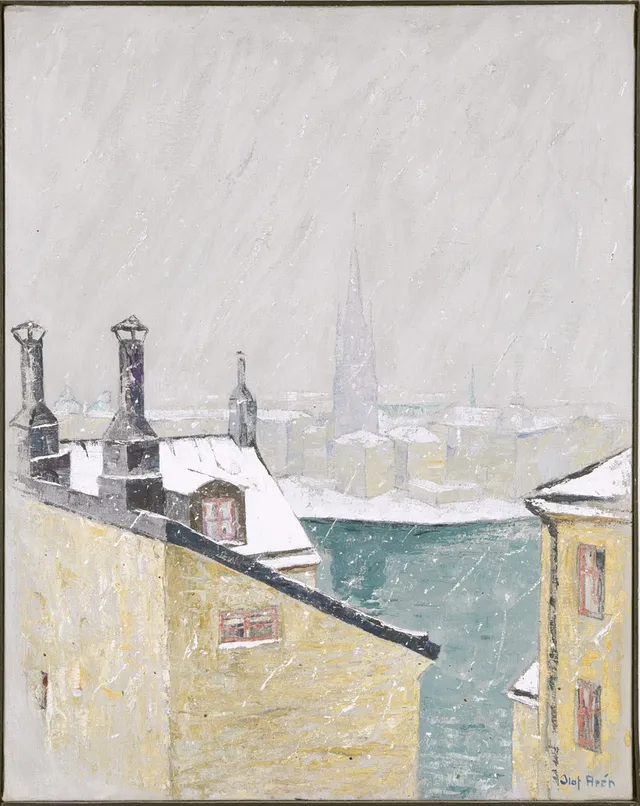 OLOF ARÉN (1918-2003). Vy mot riddarholmen, signerad, olja på duk.