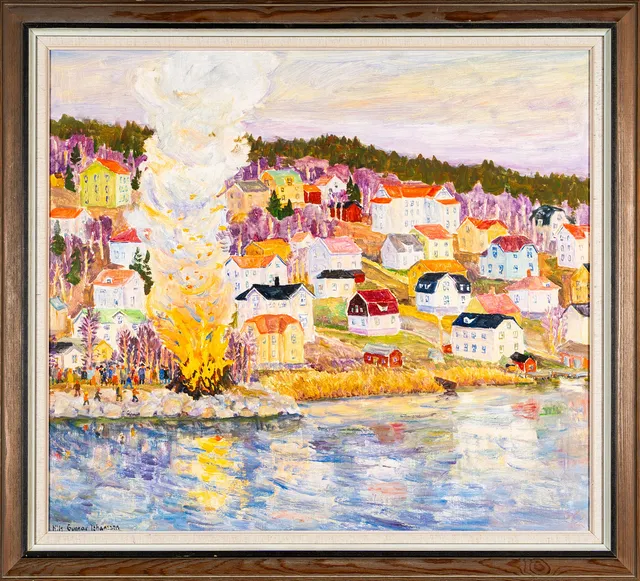 NILS GUNNAR JOHANSSON. Olja på duk "Majbrasa, Klockestrand" Signerad 1900-tal.