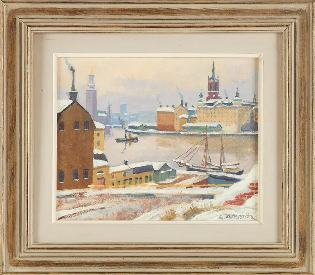 GUNNAR ZETTERSTRÖM. Stockholmsmotiv - vy från Södermalm mot Riddarholmen och Stadshuset, olja på pannå, signerad.