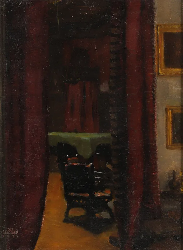 OIDENTIFIERAD KONSTNÄR. Interiör, olja på pannå, monogramsignerad -1935.