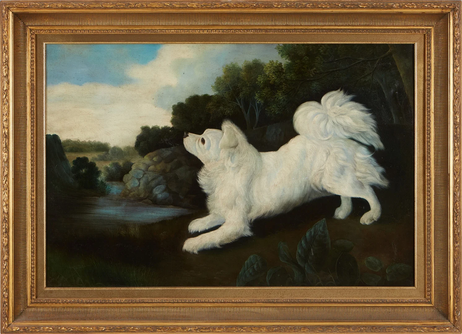OIDENTIFIERAD KONSTNÄR. Hund i landskap, olja på duk, 1900-talets andra hälft, efter original av George Stubbs, 1775. — Paintings — Stockholms Auktionsverk Magasin 5