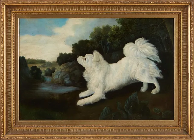 OIDENTIFIERAD KONSTNÄR. Hund i landskap, olja på duk, 1900-talets andra hälft, efter original av George Stubbs, 1775.