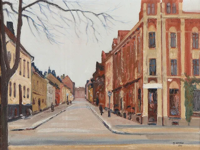 HJALMAR LARSSON. Oljemålning på pannå. Malmömotiv. Signerad och daterad 1941.