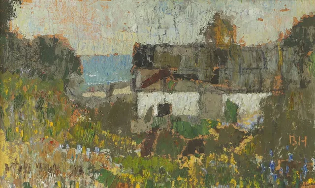 BIRGER HALLING. Landskap med hus, olja på pannå, signerad B.H.