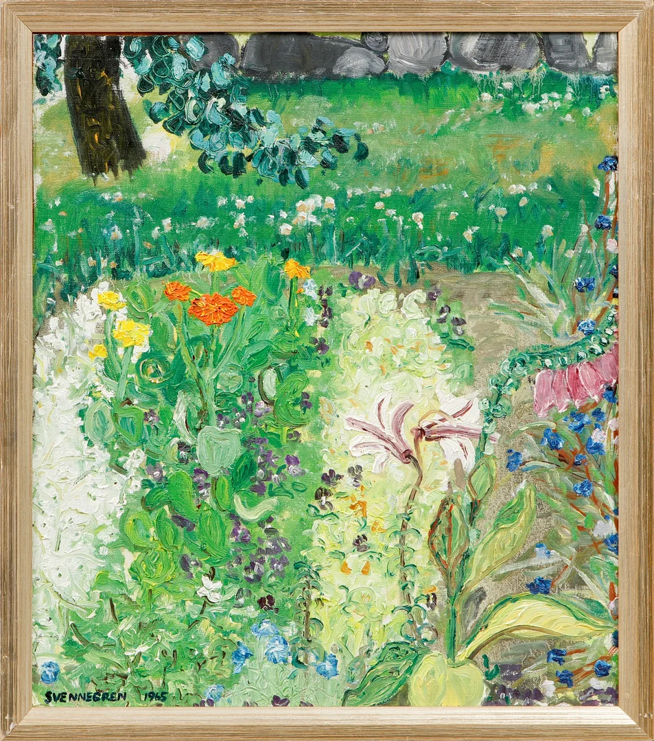 SOLVEIG SVENNEGREN. "Blomsterlandet", Olja på pannå, signerad och daterad -65. — Paintings — Göteborgs Auktionsverk