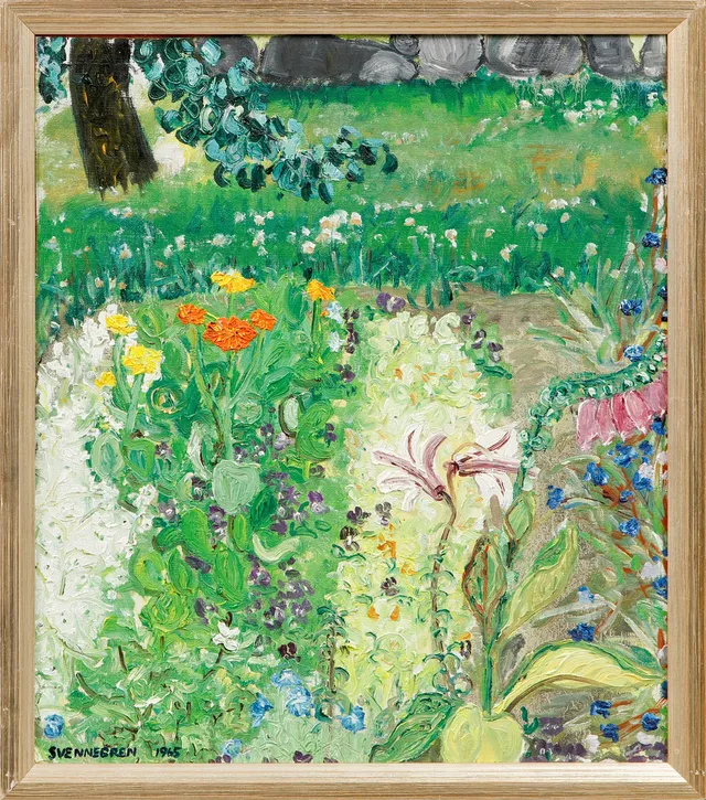 SOLVEIG SVENNEGREN. "Blomsterlandet", Olja på pannå, signerad och daterad -65.