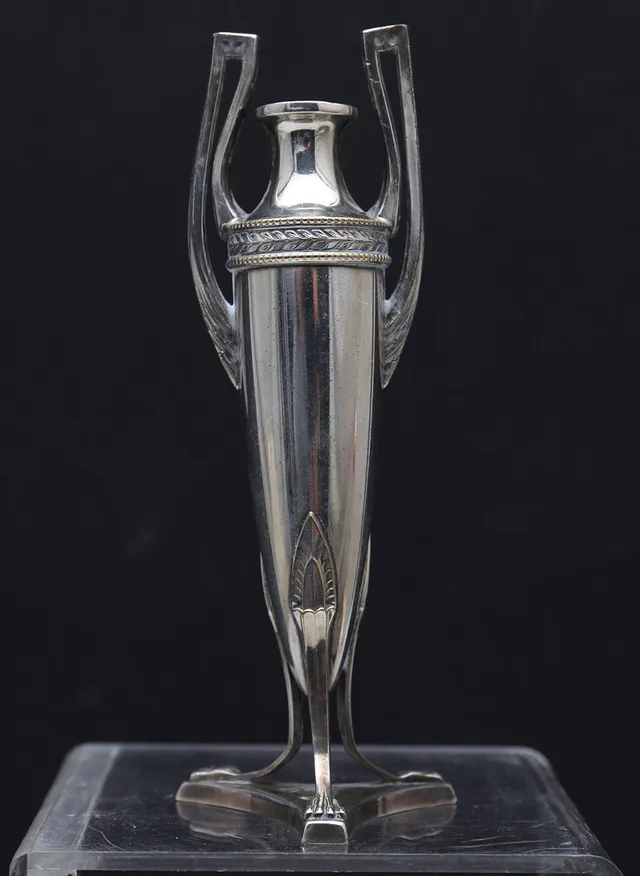 English Art Nouveau miniature amphora, in silvery metal.
