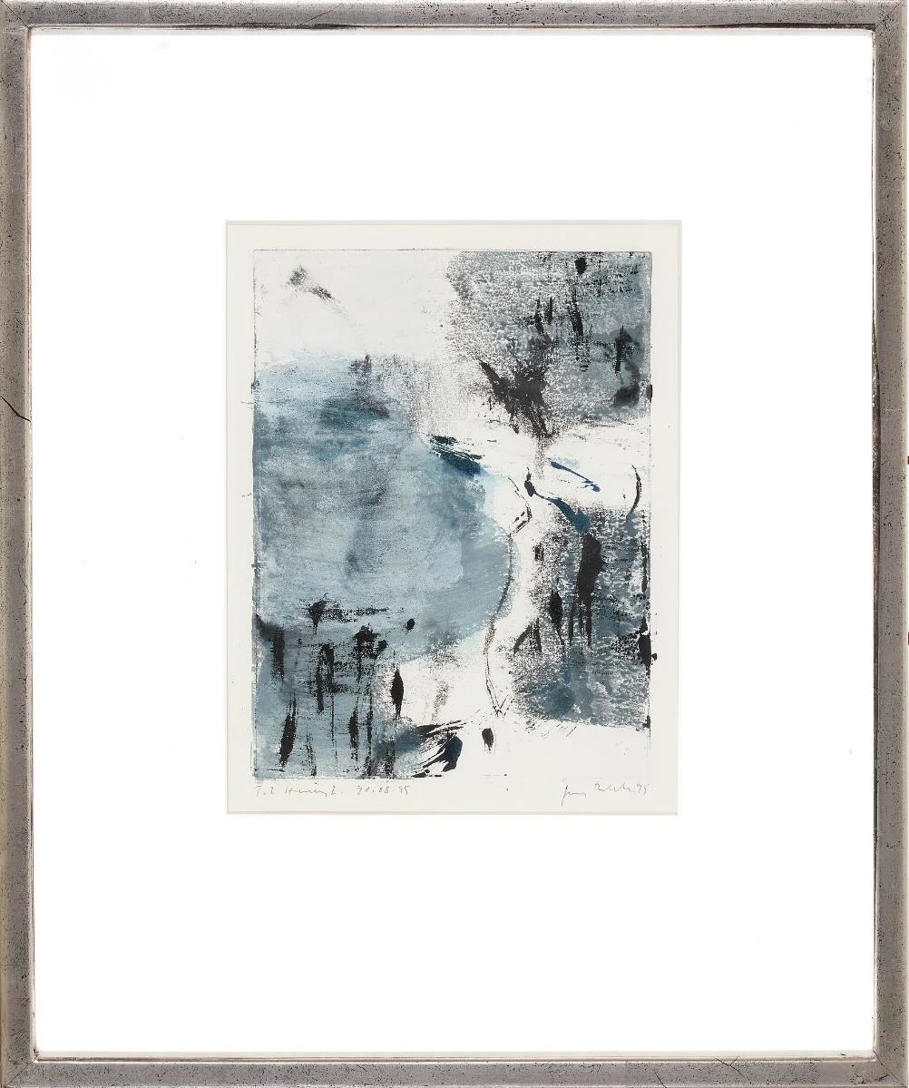 Two compositions, 1985 and 1995. Signed resp. J. Birkemose 85 and Jens Birkemose 20–8-95 with a dedication to Henning. Hand coloured prints. Visible size c. 22×17 cm. (2) — Modern Paintings/Modern art — Bruun Rasmussen