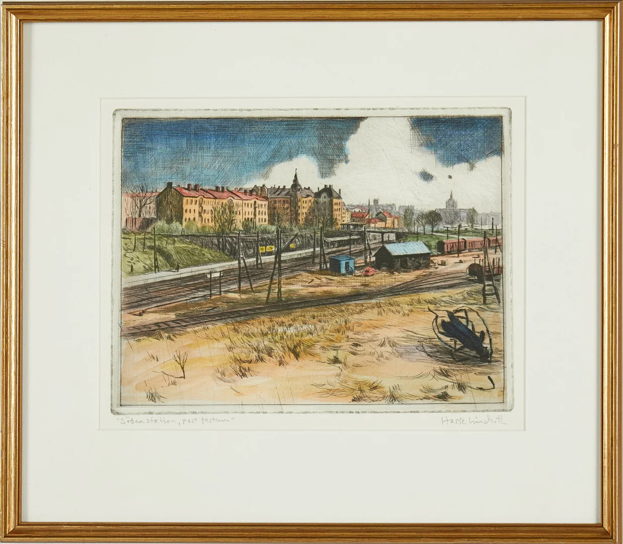 HASSE LINDROTH. "Södra station, post testum", kolorerad torrnålsgravyr, signerad. — Engravings & Prints — Stockholms Auktionsverk Sickla