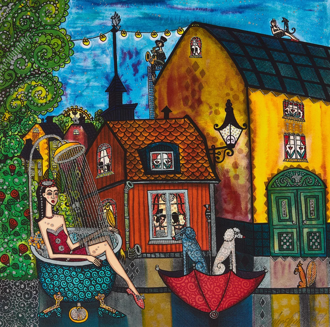 ANGELICA WIIK (född 1960), Lilla huset på söder, ur Stockholmsdrömmar, signerad, XIX / XIX, färglitografi med glitter. — Engravings & Prints — Crafoord Auktioner Stockholm
