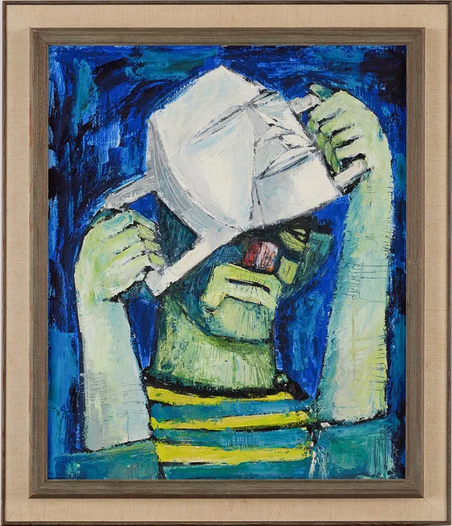 YNGVE GAMLIN. Clown med mask, oljemålning på pannå, signerad och daterad Gamlin 59.