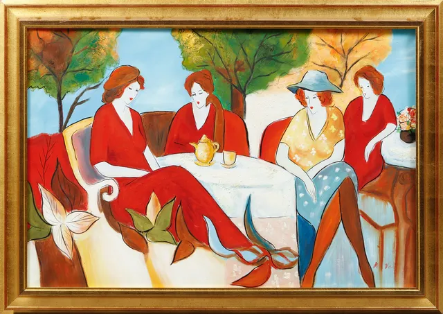 MARY VARLEY. Figurscen, akryl på duk, signerad.