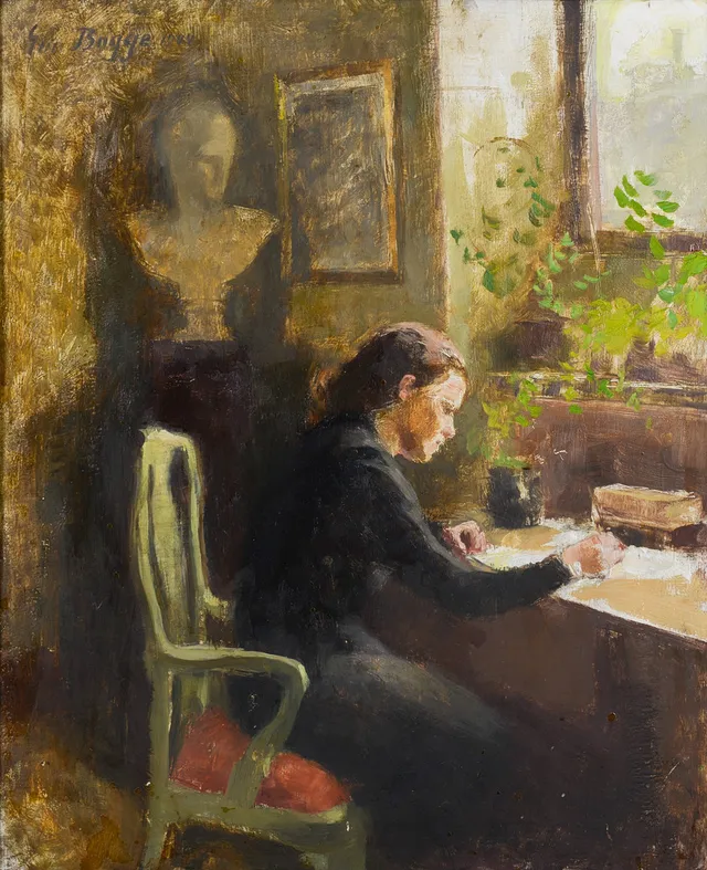 EVA BAGGE. Interiör med skrivande kvinna, olja på pannå, signerad samt daterad 1944.