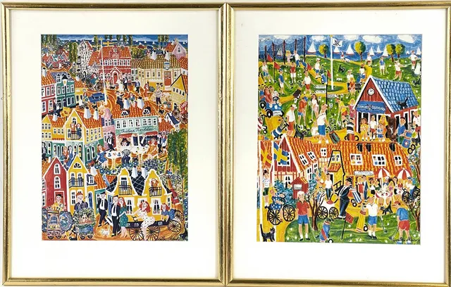 GUNILLA MANN. Offsettryck, 2 st, "Golfglädje, Lilla Vik, Österlen" samt "Sköna Simirishamn", signerade i trycket.