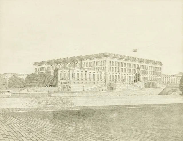 GUSTAF ISANDER (1863-1929). "Kungliga slottet, Stockholm", signerad och daterad 1926 i blyerts samt i plåten, provtryck torrnålsgravyr.