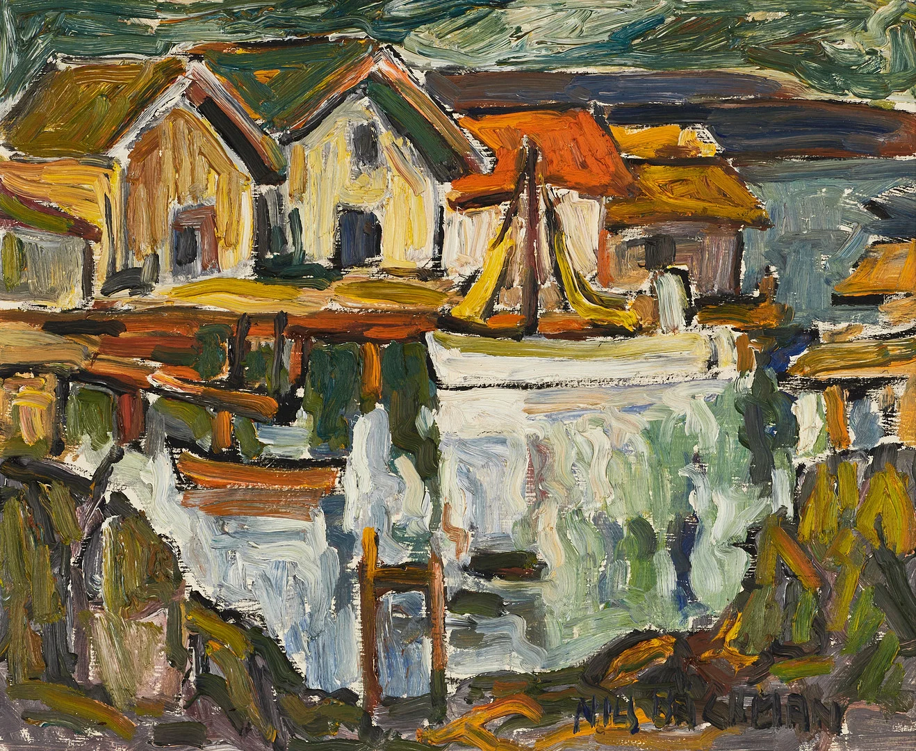 NILS BÄCKMAN (1896–1946). Hamnbild (Västkusten), signerad, olja på pannå. — Paintings — Crafoord Auktioner Stockholm