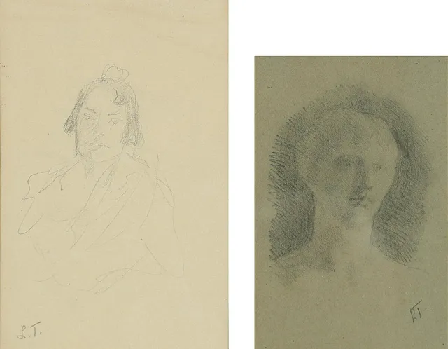 Two portraits. Both signed L. T. Pencil on paper laid mounted on paper. 19.5×12.5 and 16.5×11 cm.