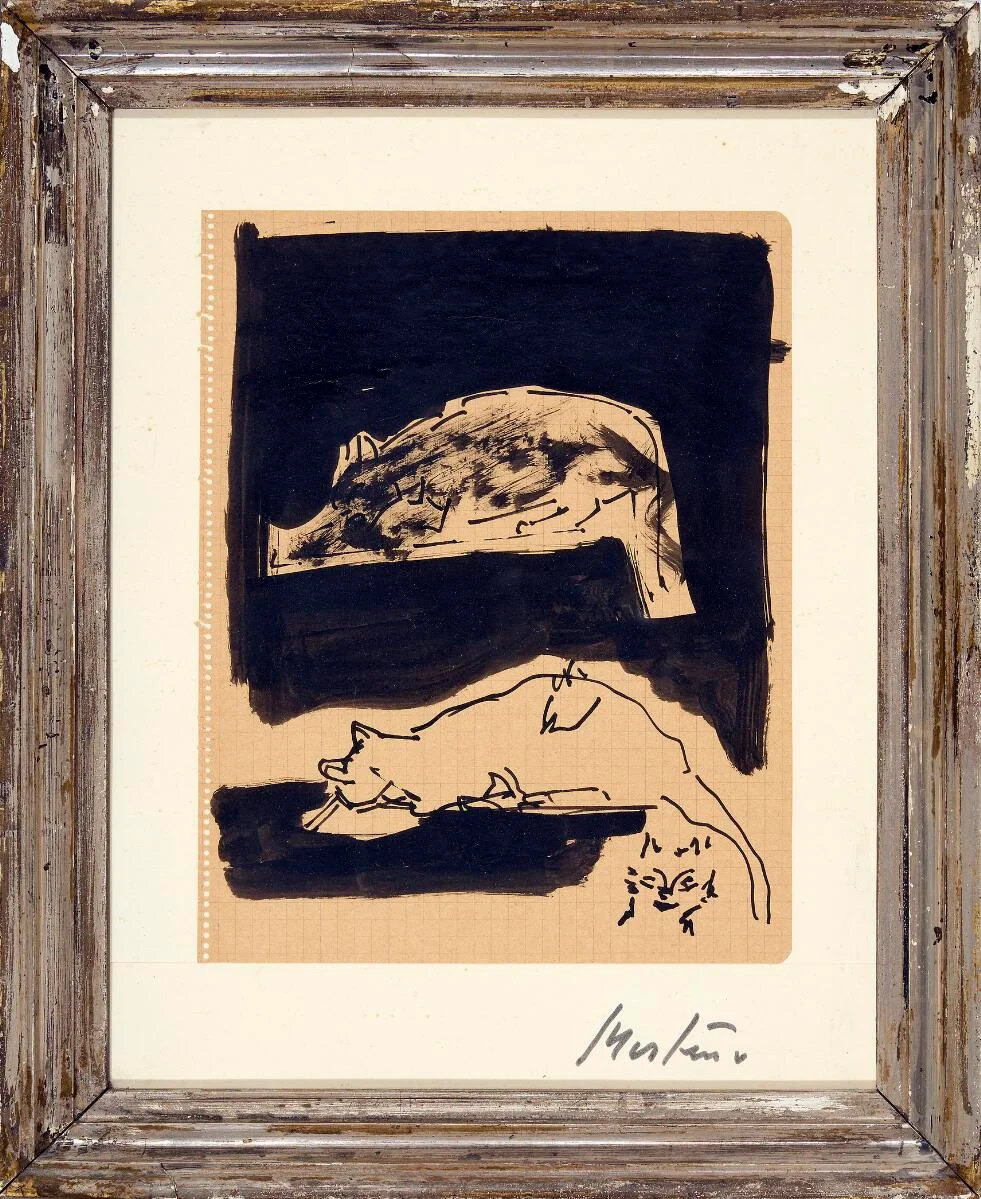 Two cats. Signed R. Mortensen. Indian ink on paper. Sheet size 22×17 cm. — Modern Paintings/Modern art — Bruun Rasmussen