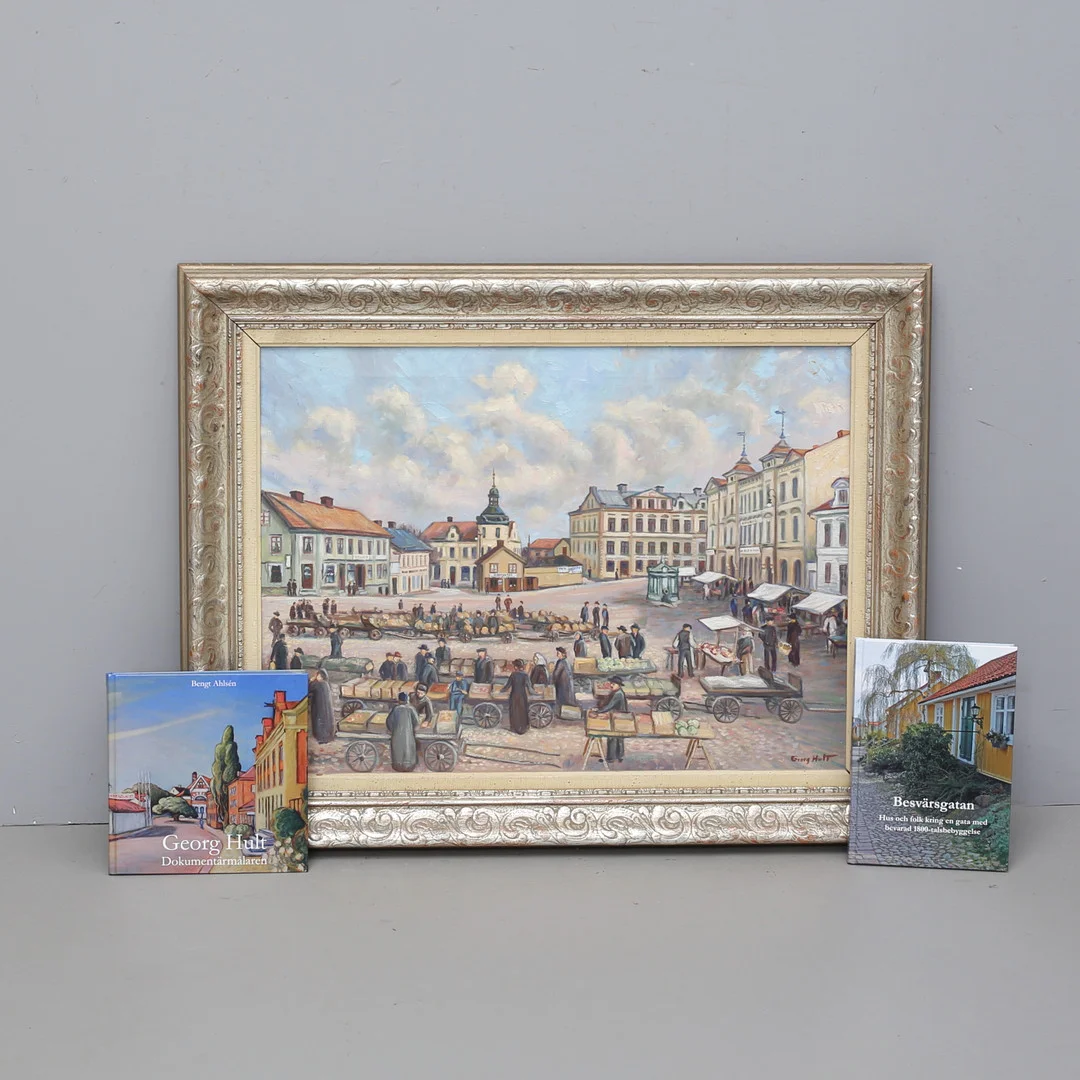 GEORG HULT. Torghandel, Oskarshamn. Olja på duk, signerad. — Paintings — Auktionshuset Thelin & Johansson