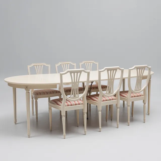 BORD samt 6 STOLAR med stoppad sits, Gustaviansk stil, 1900-tal.