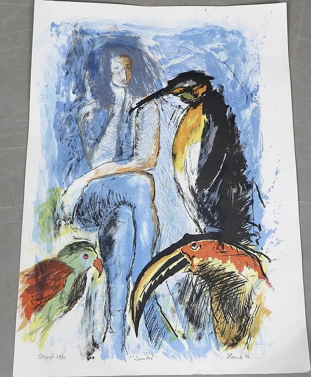 ALLAN HORSAK. "Samtal". Färglitografi, signerad, numrerad 28/95 och daterad 94.