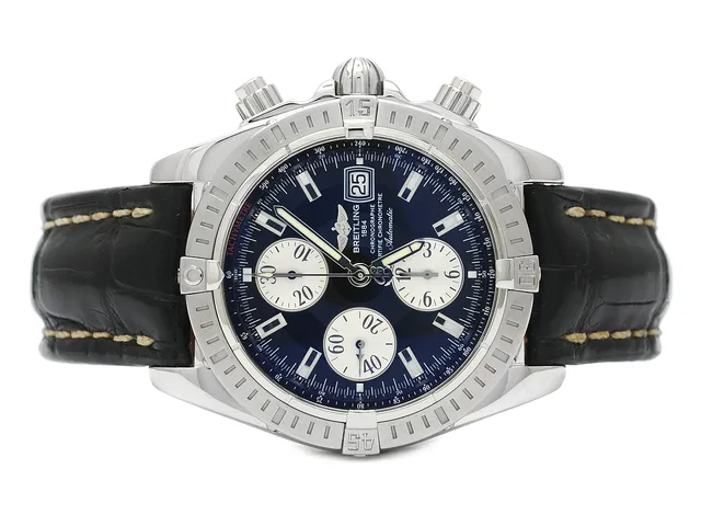 BREITLING, Chronomat Evolution, "Tachymetre", Chronometre, Cal 13 (ETA 7750), Verk nr. 2559706, Serie nr. 2559706, Ref nr. A13356, Boett nr. 0209B4, kronograf, herrur, 43,7 mm, stål, automatisk, safirglas, datum, läderband, originalspänne, servad mars 2014, cert, september 2009, box (skadad), ytterkartong.