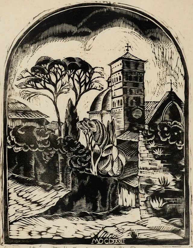 KARIN PERSSON (Simlinge 1891-1971 Stockholm), Assisi med S:t ruffino-katedralen, Italien 1922, signerad, originalträsnitt no 5, skuren träram.