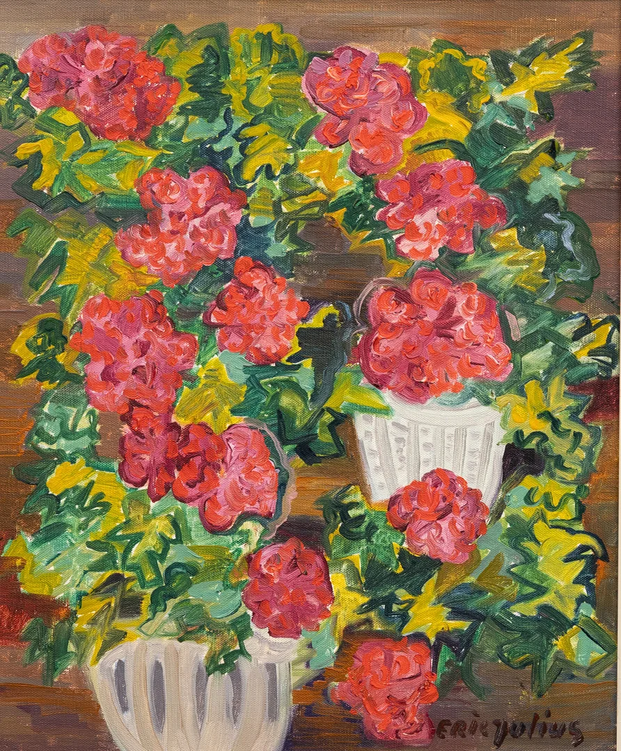 ERIC JULIUS. "Pelargonior", olja på duk, signerad. — Paintings — Garpenhus Auktioner
