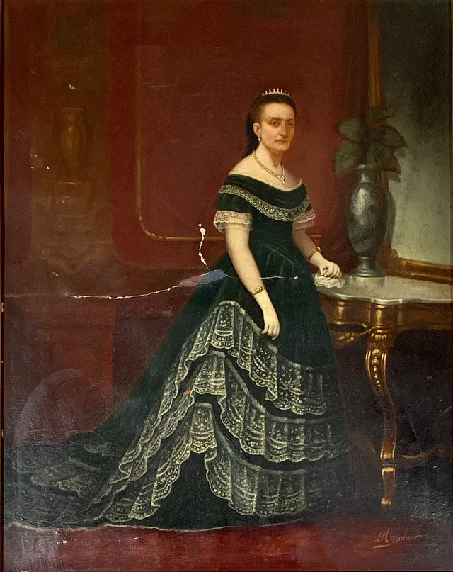 ESCUELA ESPAÑOLA SIGLO XIX. RETRATO DE DAMA . ÓLEO SOBRE PAPEL PEGADO A LIENZO.