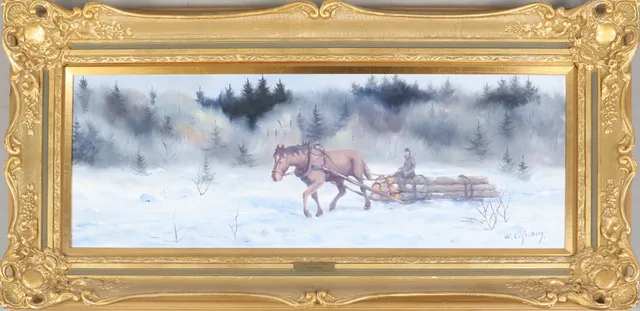 WALTER LILJENBERG. Olja på duk, Häst och vagn, signerad W Liljenberg.
