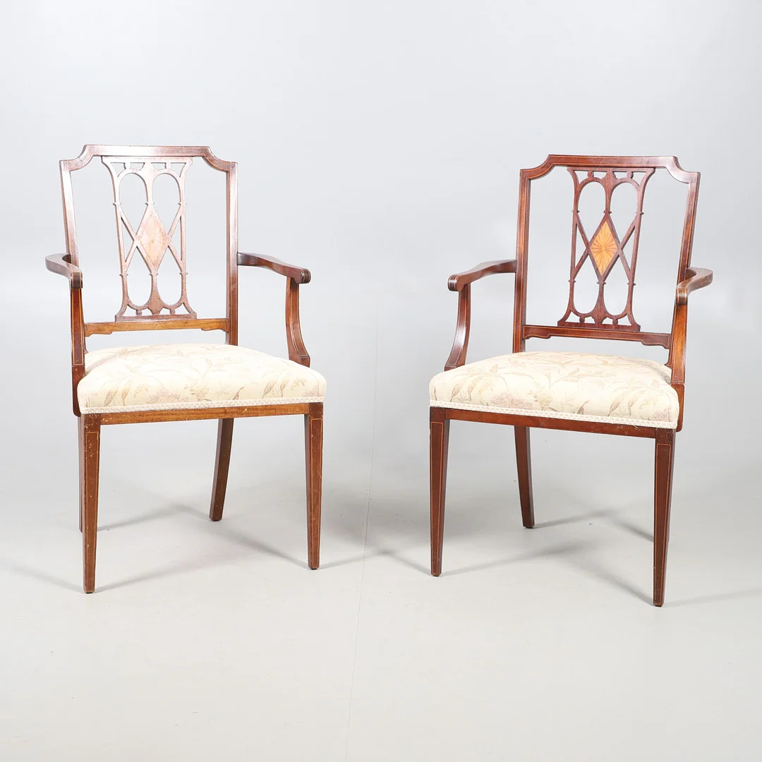 PAIR OF MARQUETRY MAHOGANY ELBOW CHAIRS. — Armchairs & Chairs — Lawrences Auctioneers