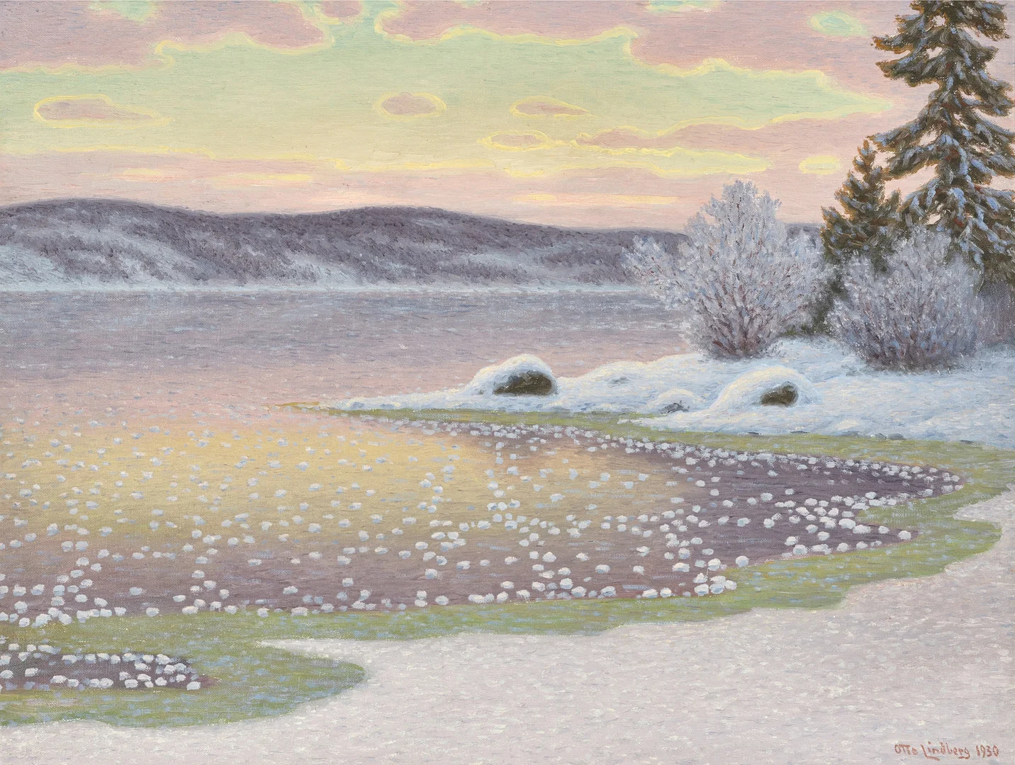 OTTO LINDBERG (SVERIGE, 1880-1955). Vintersjö i aftonrodnad, signerad, och daterad 1930, olja på duk. — Paintings — Crafoord Auktioner Stockholm
