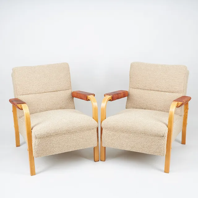 ALVAR AALTO. FÅTÖLJER, ETT PAR, "modell 48", Oy Huonekalu- ja Rakennustyötehdas AB, Finland 1940/50-tal.