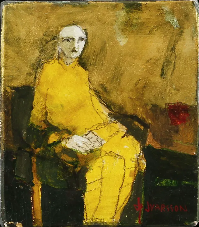 GÖRAN IVARSSON. Figur i gula kläder, blandteknik på pannå, signerad.