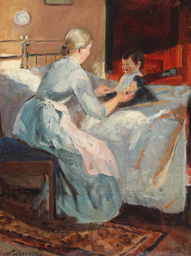 Interior with the artist's wife and child. Signed Viggo Pedersen. Oil on canvas. 44.5×34 cm.
