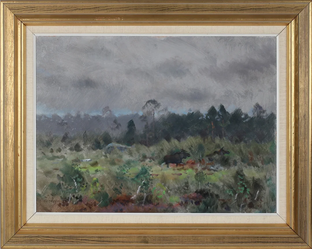 LINDORM LILJEFORS. Älgar på skogshed, olja på pannå, signerad. — Paintings — Stadsauktion Sundsvall