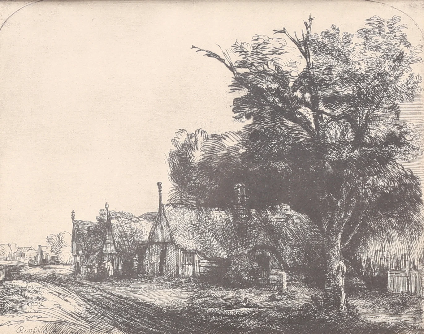 REMBRANDT HARMENSZ VAN RIJN. EFTER. Stugor med träd. Etsning, signerad i trycket. — Engravings & Prints — Auktionshuset Thelin & Johansson