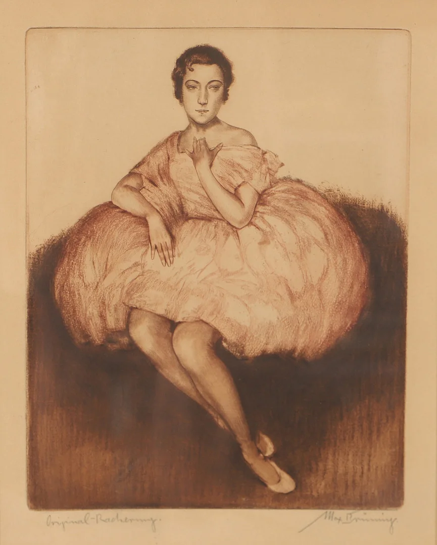 MAX BRÜNING. Dansös i rosa tylldress, original färgetsning, signerad. — Engravings & Prints — Helsingborgs Auktionskammare
