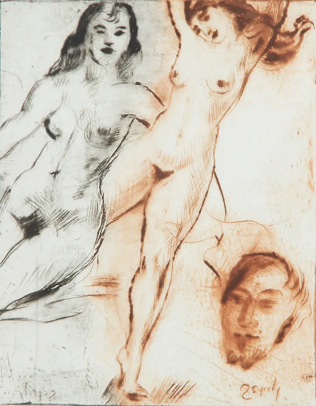 JULES SCHYL. "2 modeller", etsning, signerad, signerad J. Schyl.