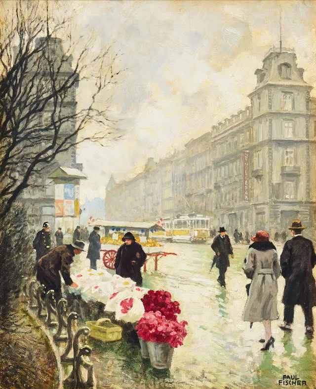 PAUL FISCHER (DENMARK 1860-1934). Flower market, Copenhagen.