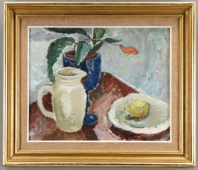 ARNE KILSBY. "Stilleben med blommor i blått glas".