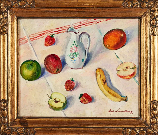 AUGUST LUNDBERG. Stilleben med kanna och frukter, olja på duk.