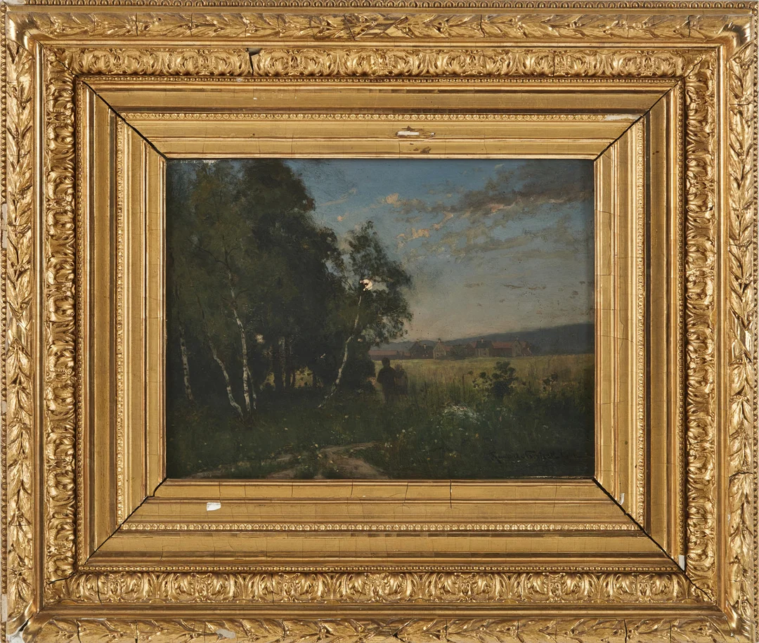REINHOLD NORSTEDT. ''Månsken, Norrspång, Vingåker'', olja på på pannå, signerad. — Paintings — Stockholms Auktionsverk Magasin 5