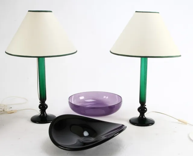 Royal Copenhagen and others Pair of table lamps, model Venice and dish and bowl (4)