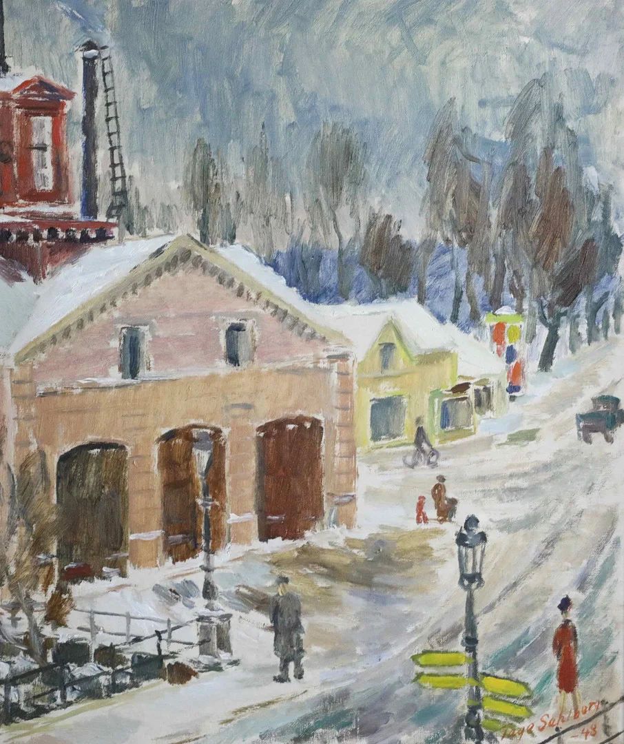 TAGE SAHLBERG. Olja på duk, Gamla brandstationen Hudiksvall, signerad, daterad -48. — Paintings — Hälsinglands Auktionsverk