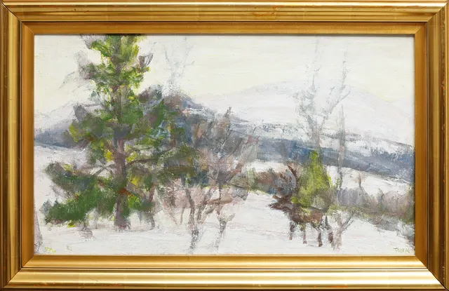 HERMAN TALVIK. Vinterlandskap med ren, olja på duk, signerad.